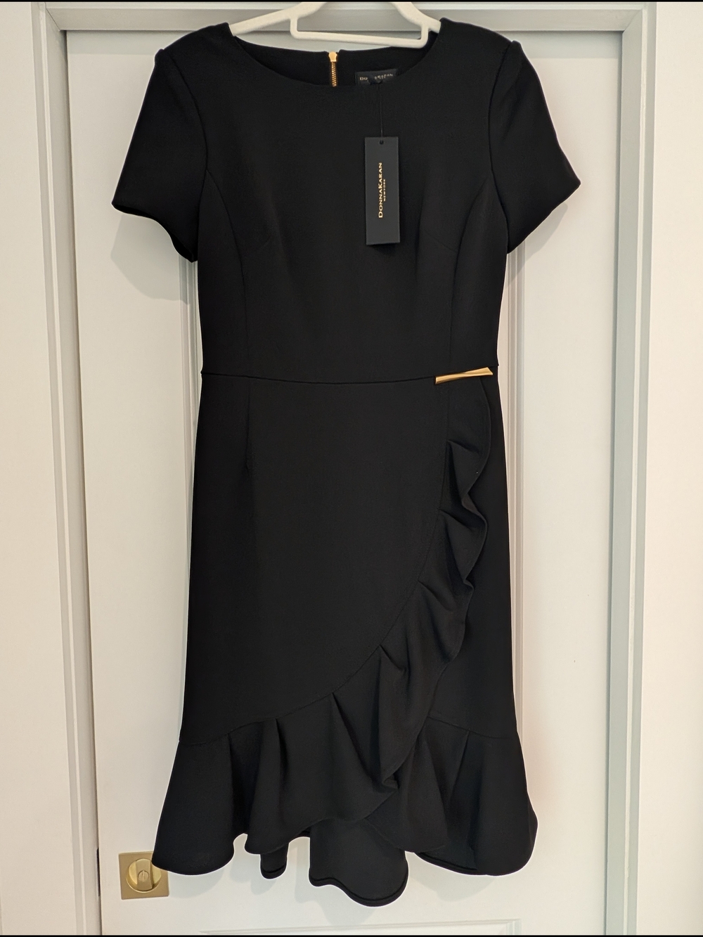Donna Karan Black Short-Sleeve Ruffle Sheath Dress with Gold Accent And Zipper